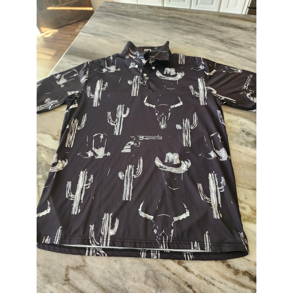 ZYIA Mens Western Cactus Skull Cowboy Hat Print Polo Performance‎ Shirt Medium